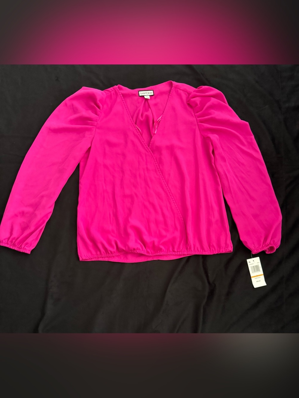 Bright Fuchsia V-Neck Wrap Blouse with Puff Sleeves